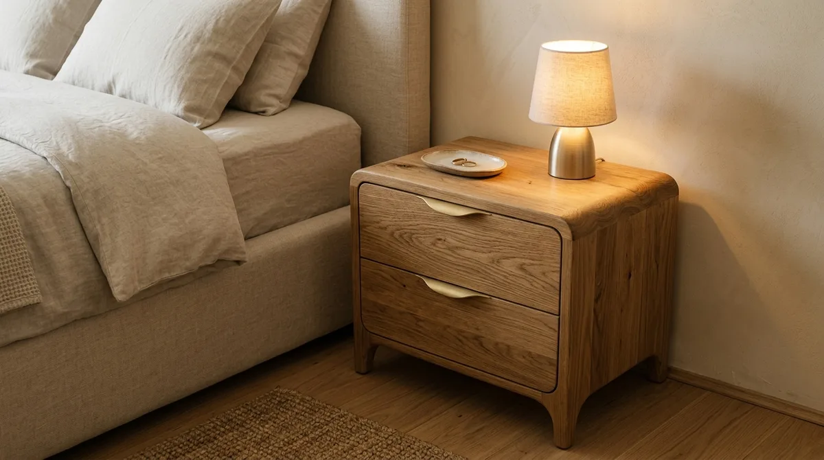 Mesita de noche de madera maciza de roble y mango con almacenamiento cerrado para reducción de ruido visual