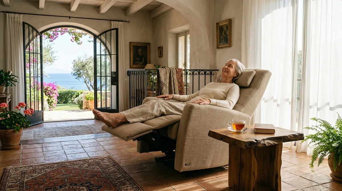 Sillón relax en posición Zero Gravity con piernas elevadas por encima del corazón en un salón mediterráneo